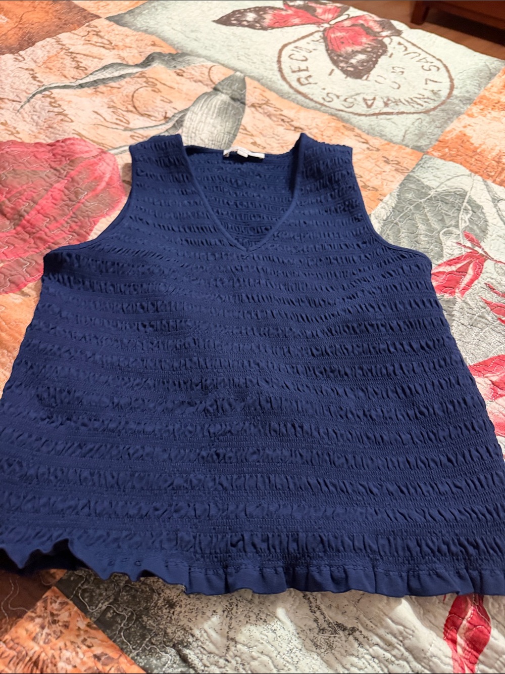 LOFT Navy Smocked Top with Ruffle Hem